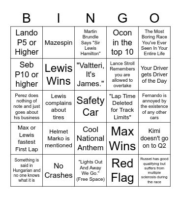 Hungarian GP Bingo Card