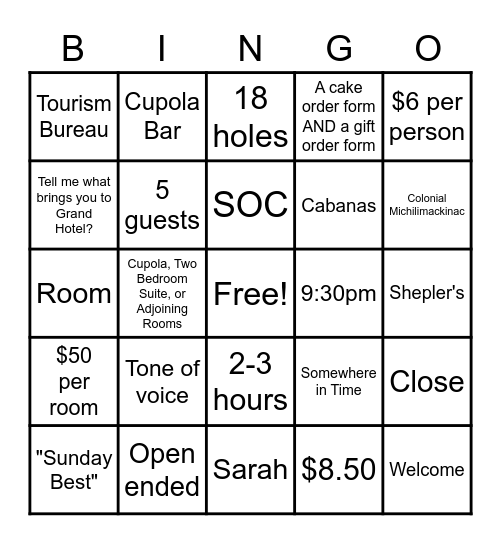 Reservations Bingo Card