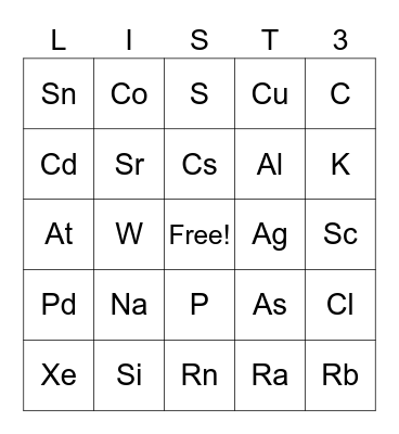 List 3 Element Bingo Card