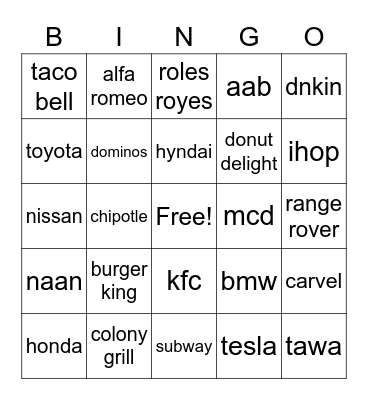 Brands  food or car Bingo Card