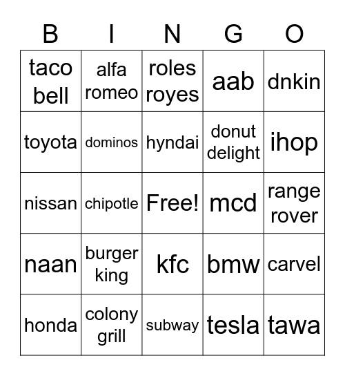 Brands  food or car Bingo Card