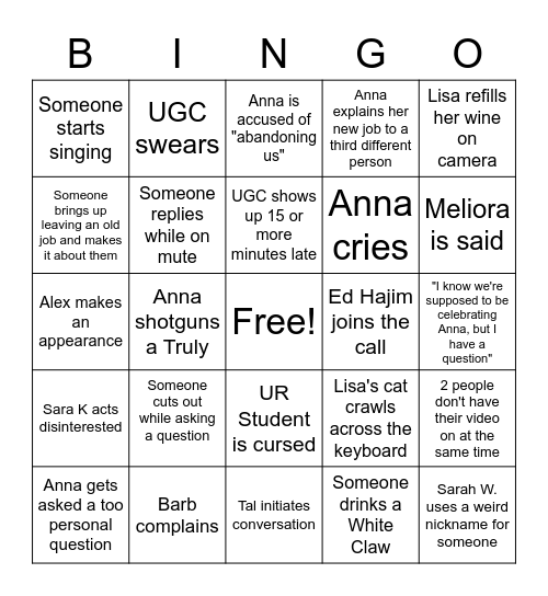 Anna's Farewell Zoom Party Bingo Card