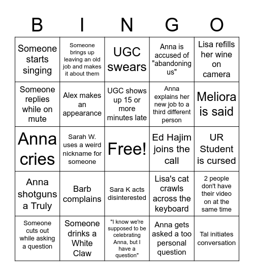 Anna's Farewell Zoom Party Bingo Card