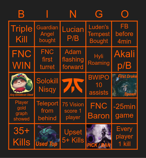 FNC vs Misfits Bingo Card