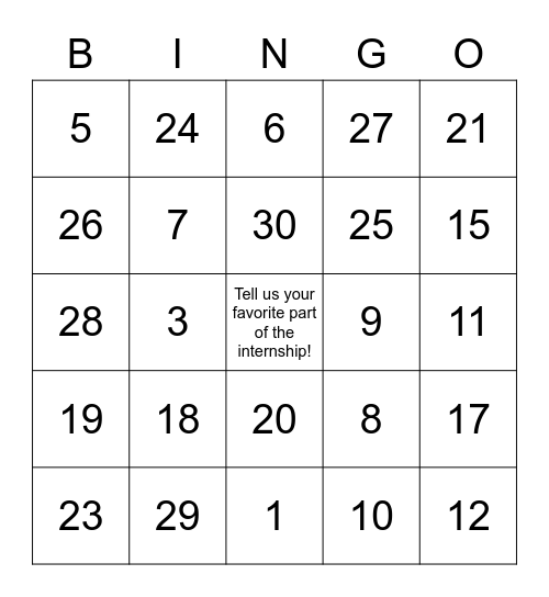 Intern Bingo Card