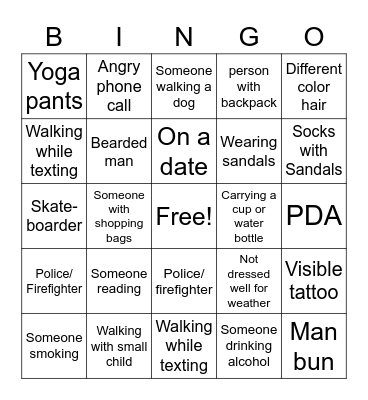 People Watching Bingo Card