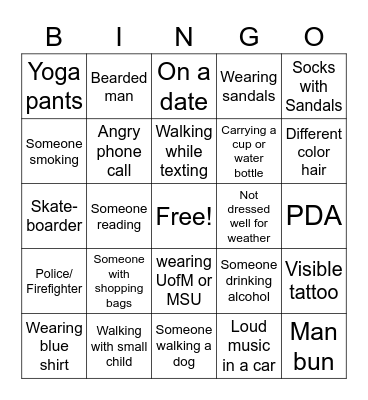 People Watching Bingo Card