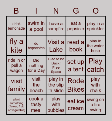 Summer Activity Bingo Card