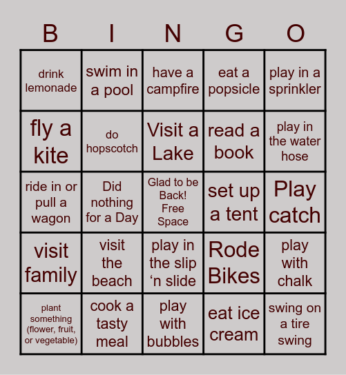 Summer Activity Bingo Card