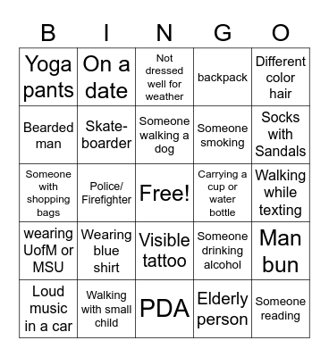 People Watching Bingo Card