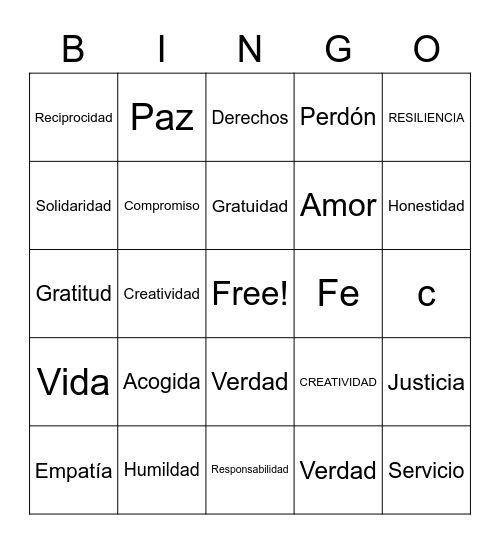 Valores humanos Bingo Card