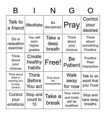Self Control Bingo Card