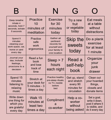 Fitness and Well-being Bingo Card