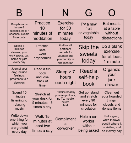Fitness and Well-being Bingo Card