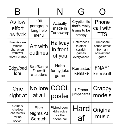 FNAF Scratch fangame bingo 2.0 Bingo Card
