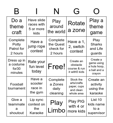 Kids Quest Floor BINGO Card