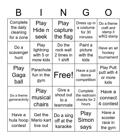 Kids Quest Floor Bingo Card