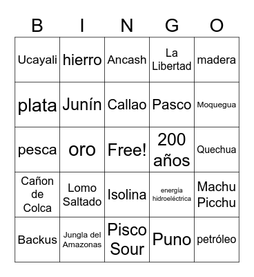 Peru Bingo Card