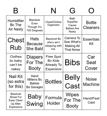 Baby K’s Baby Shower Gifts Bingo Card