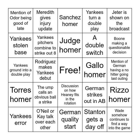 Yankees Bingo 7/31 Bingo Card