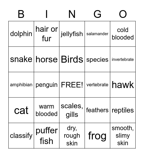 Animal Classification Bingo Card