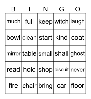 Seans Tricky Words Bingo Card