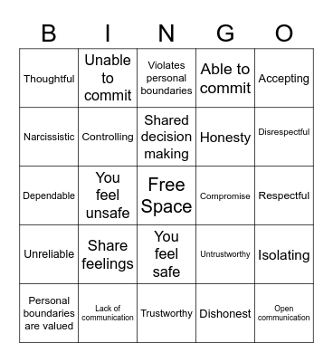 Relationship BINGO CSP 656 Bingo Card