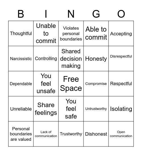 Relationship BINGO CSP 656 Bingo Card