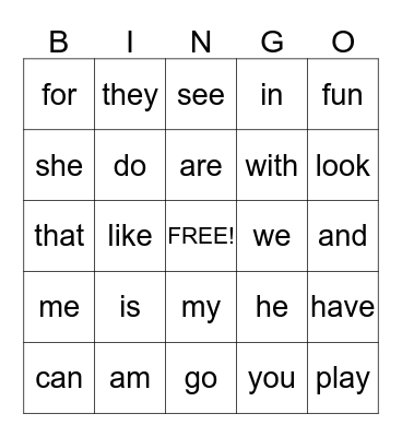 Sight Word Bingo Card