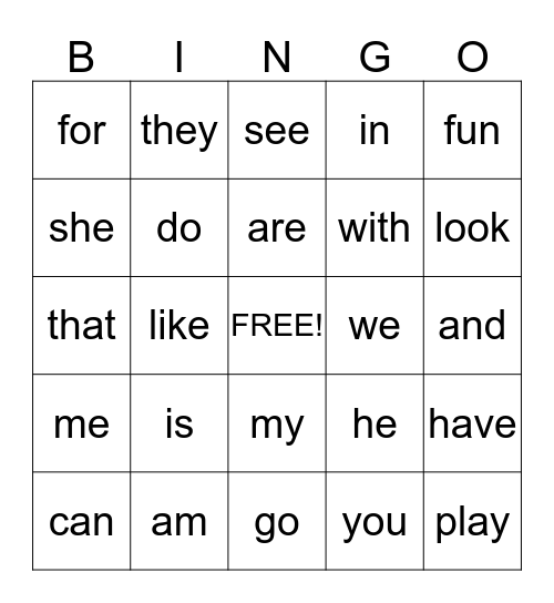 Sight Word Bingo Card