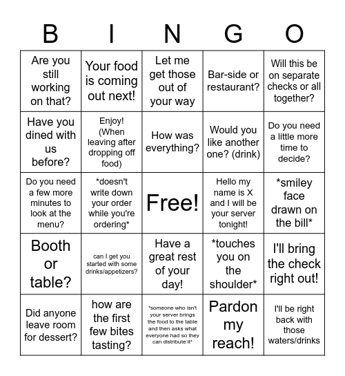 Restaurant Bingo Card