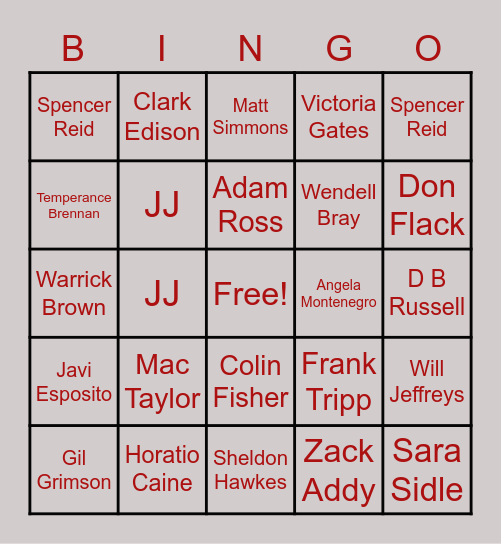 Tv Characters Bingo Card