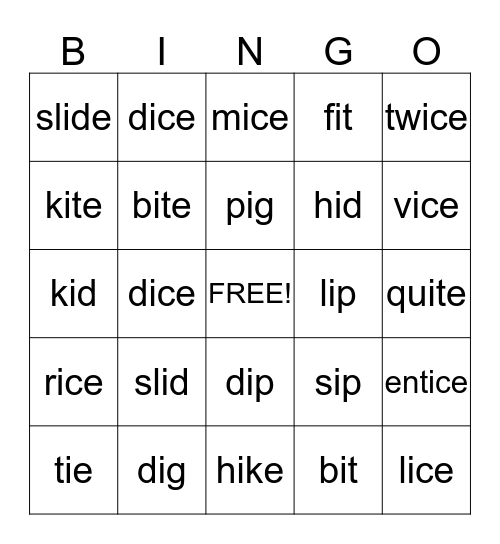Long I and Short I  Bingo Card
