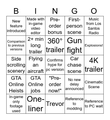 GTA V PC Trailer BINGO Card