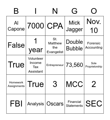 Intro to Accounting Bingo Card