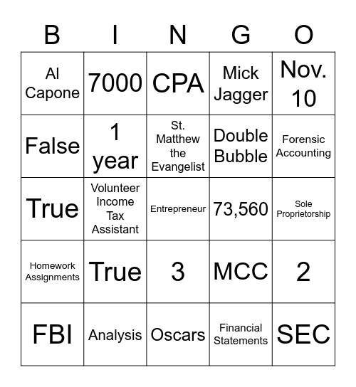 Intro to Accounting Bingo Card