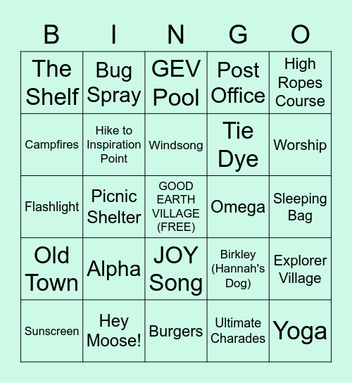 GEV FAMILY CAMP BINGO Card
