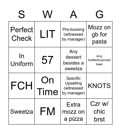 Swaggy Saturday Bingo Card