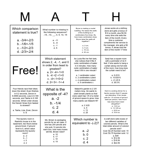 7th Grade Welcome MATH! Bingo Card
