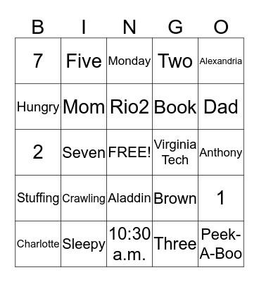 Miles' Birthday Bingo Card