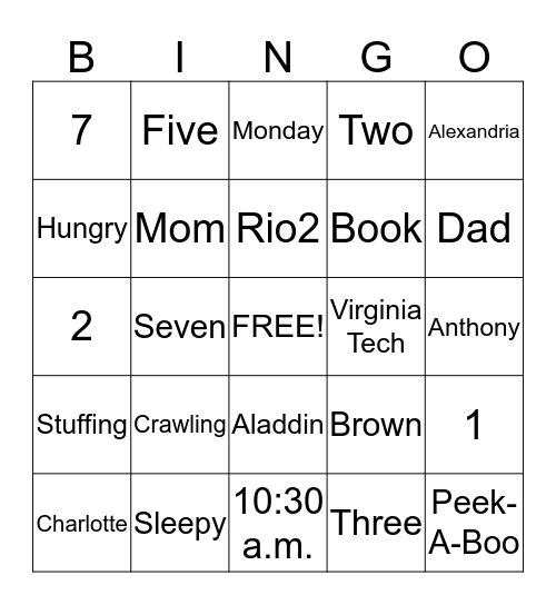Miles' Birthday Bingo Card