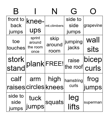 Fitness Bingo Card