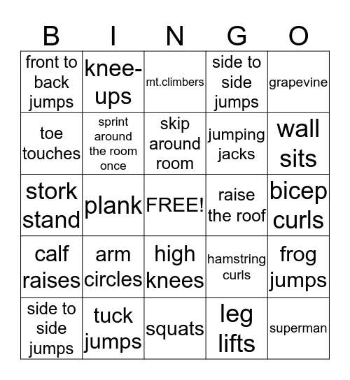 Fitness Bingo Card