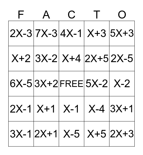 FACTORING FUN! Bingo Card