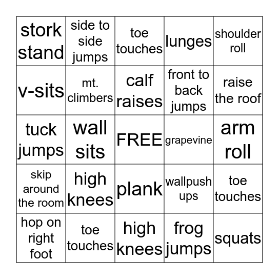 Fitness Bingo Card