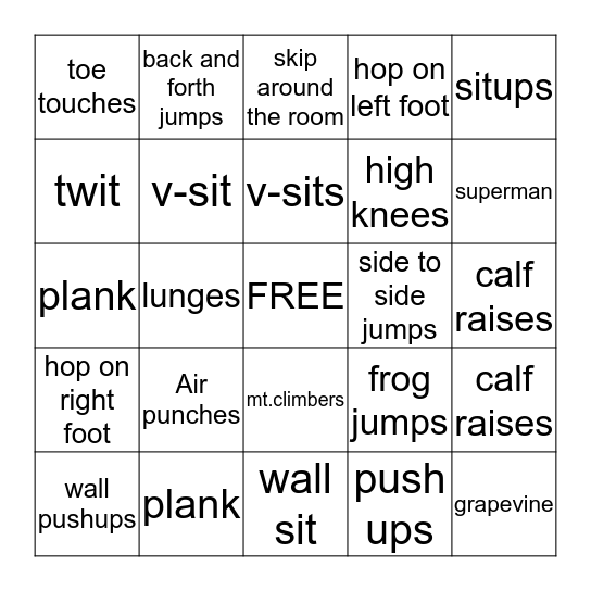 Fitnesss Bingo Card