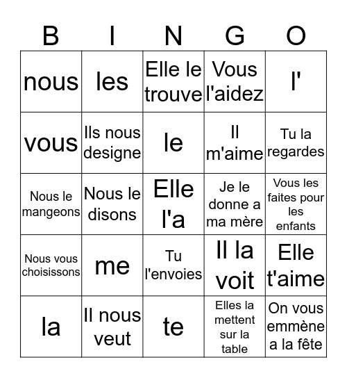 BINGO des Pronoms Objets Directs Bingo Card