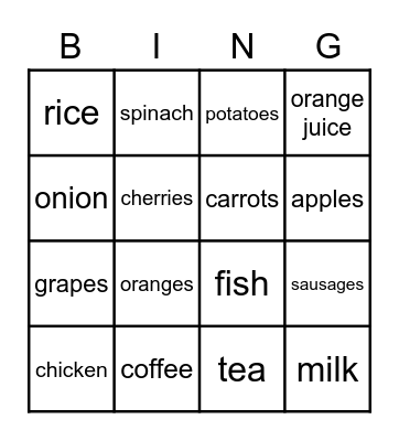 Food and drink Bingo Card