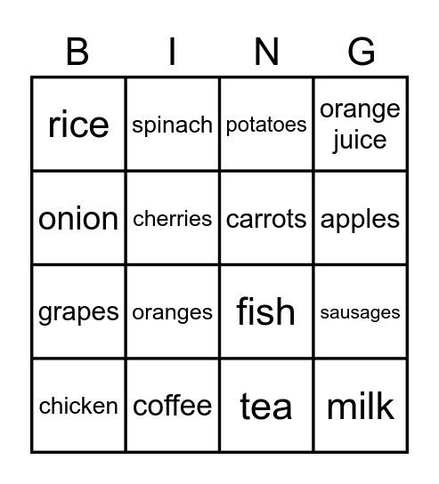 Food and drink Bingo Card