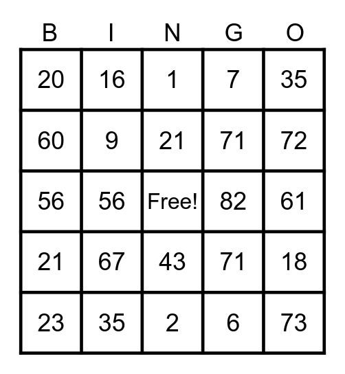 1-75 Bingo Card